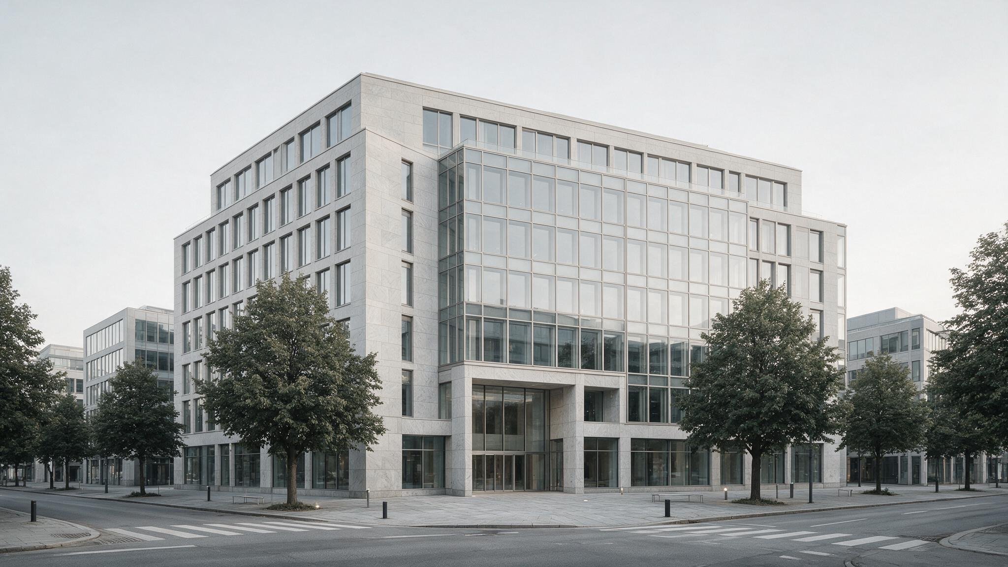 Six-storey office building in stone and glass, seen straight on