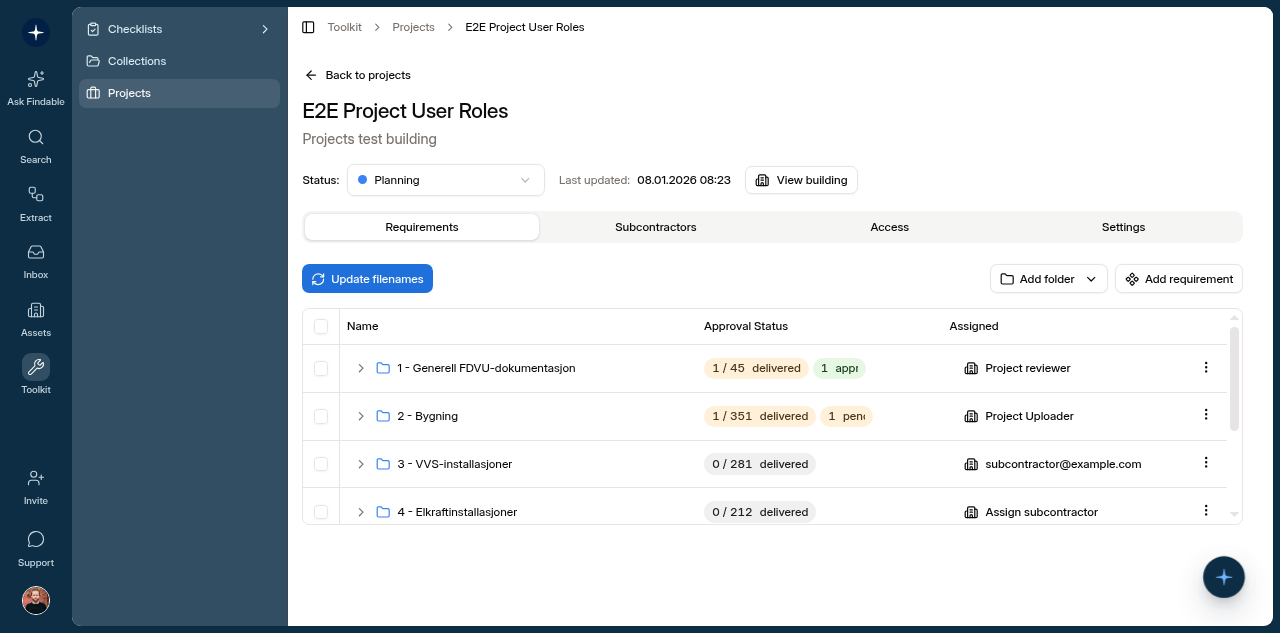Findable Projects-skjermbilde som viser et prosjekt koblet til et bygg, med fanen Requirements valgt