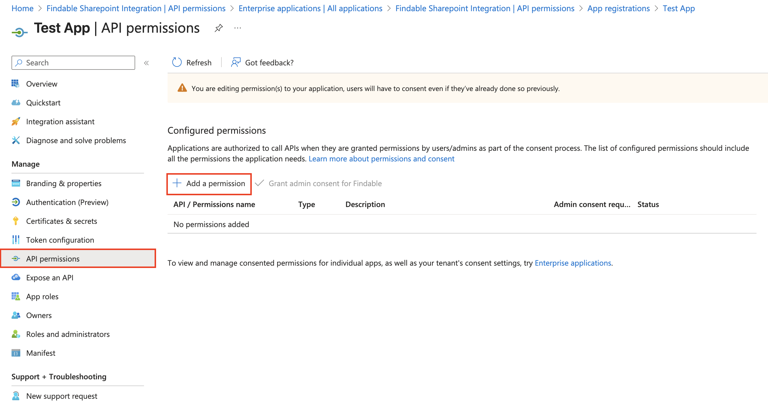 API permissions section