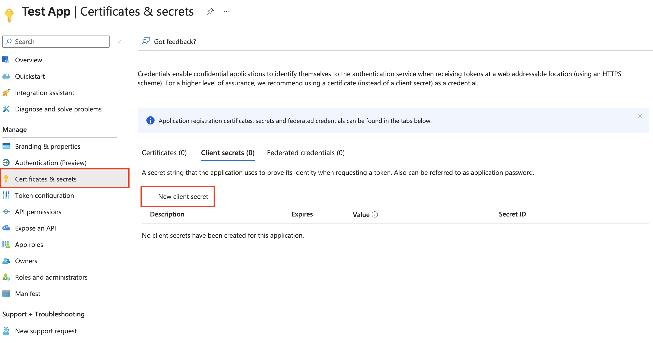 Certificates & secrets section in Entra
