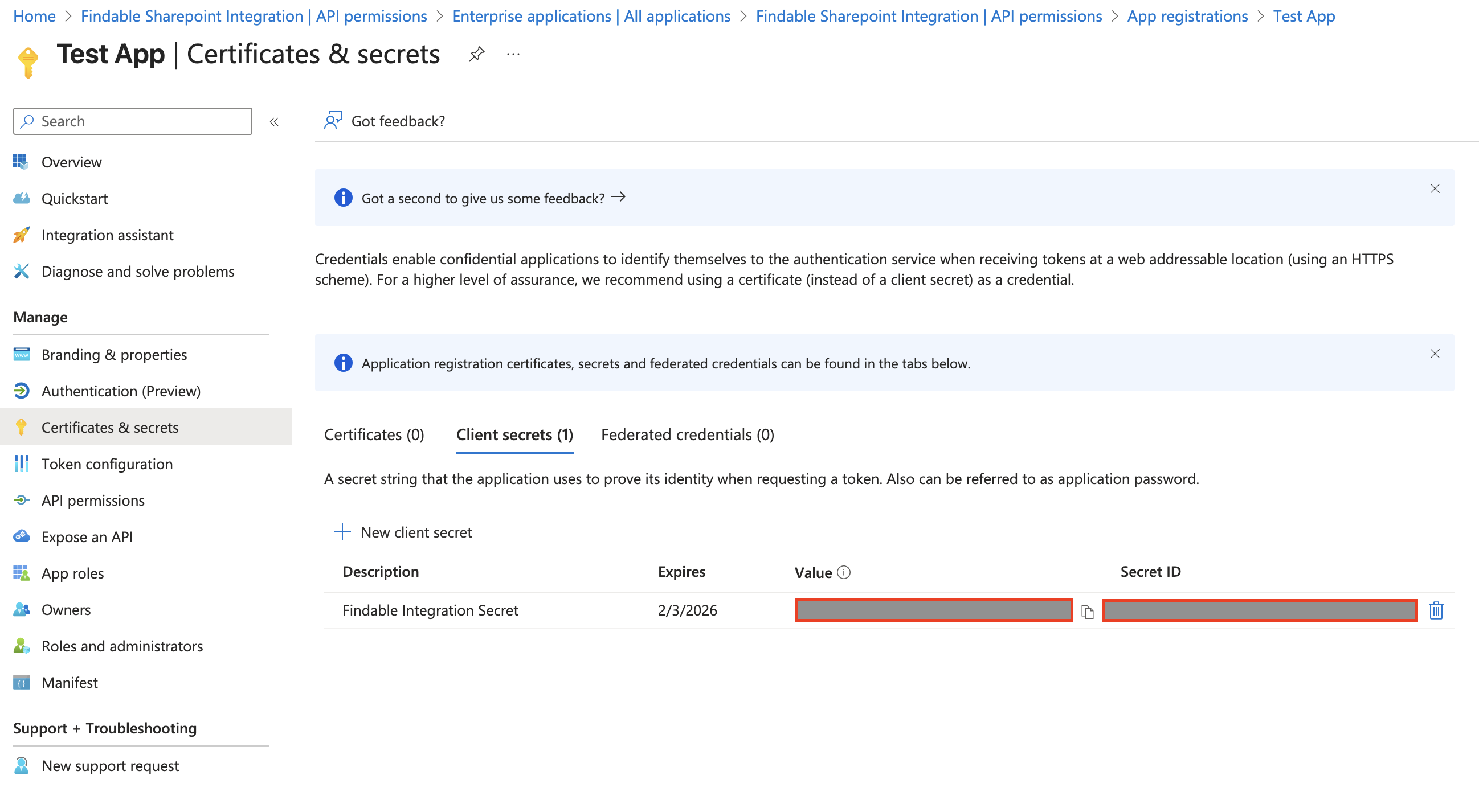 Client secret value and Secret ID