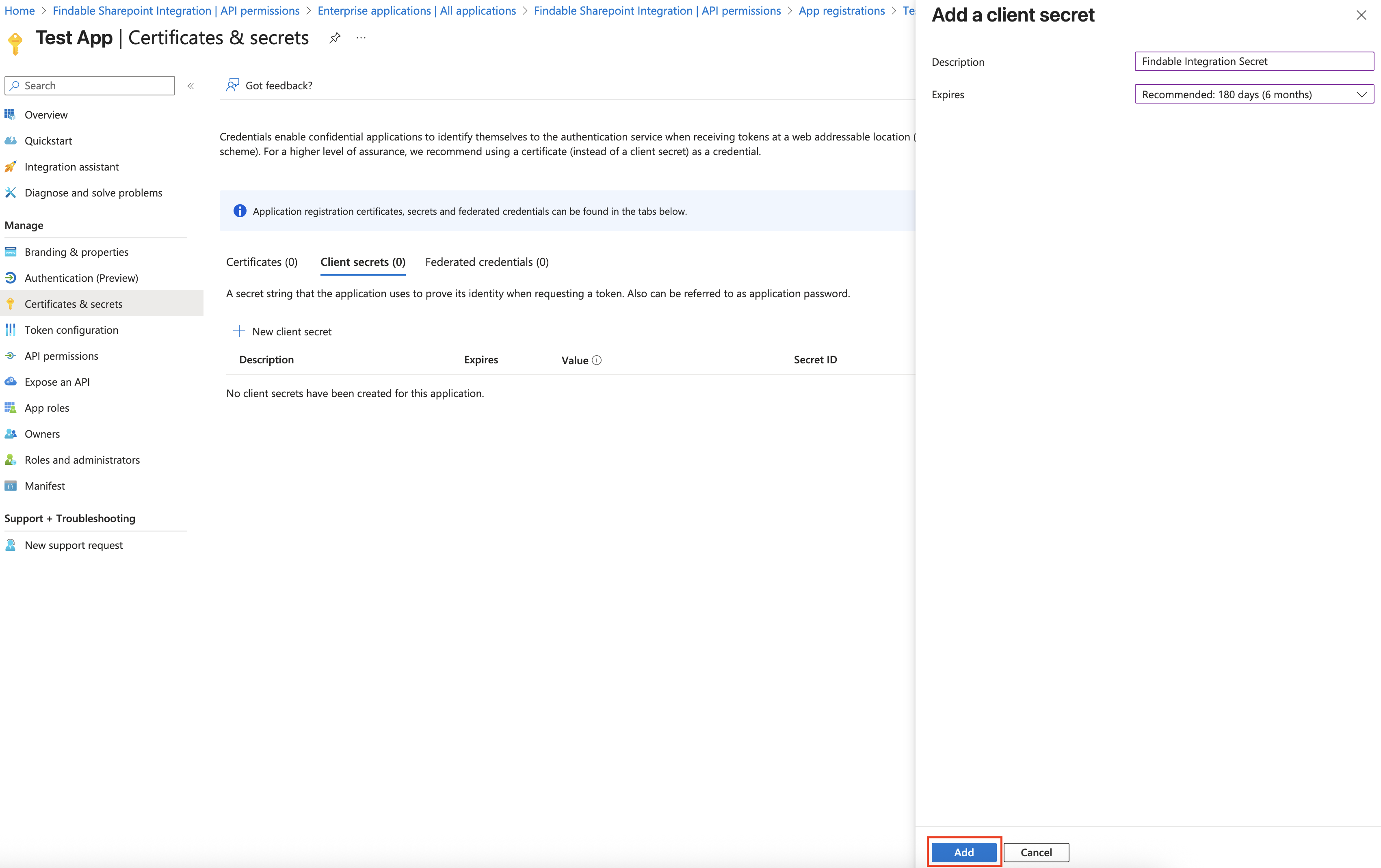 Adding a new client secret