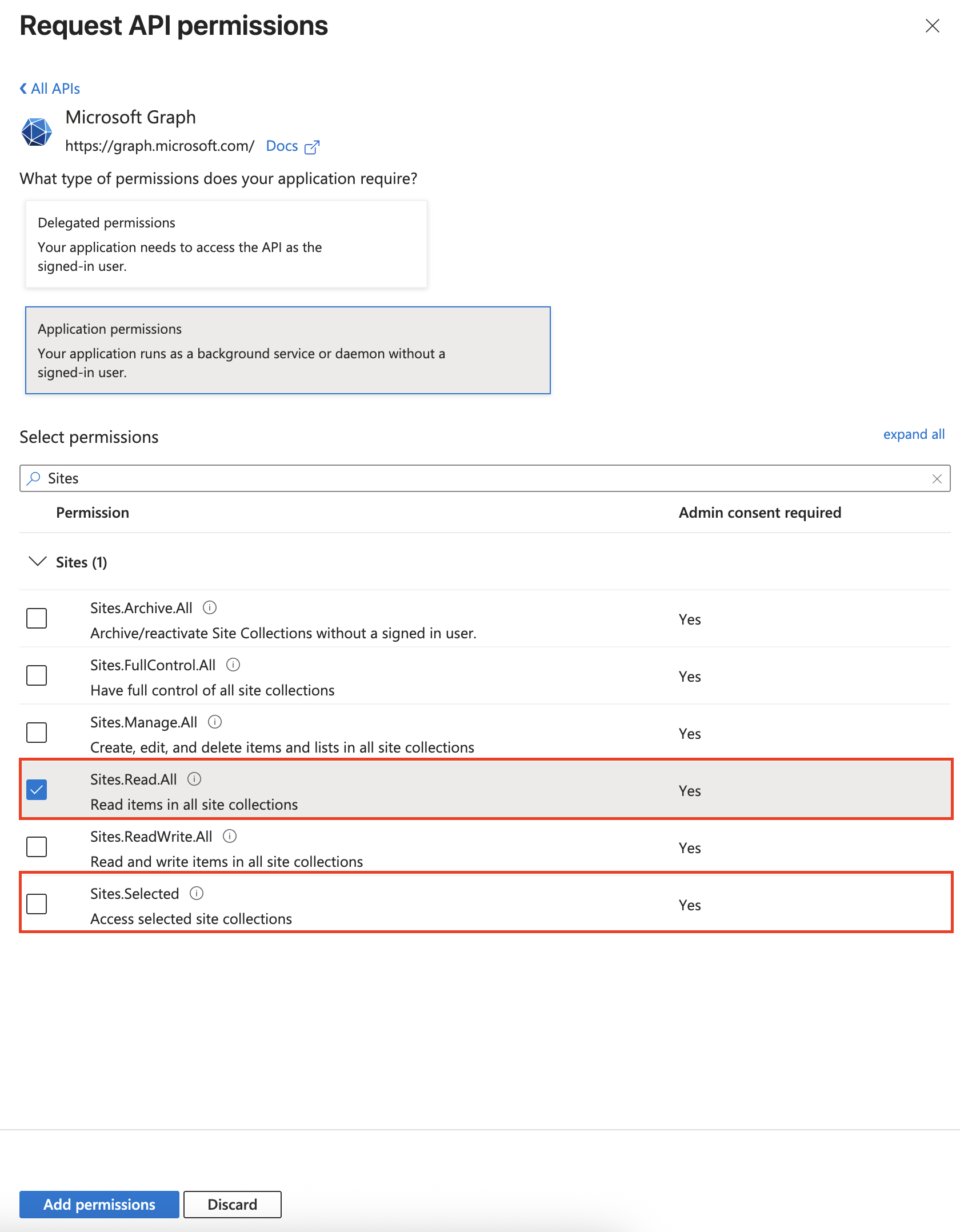 Selecting Sites permissions