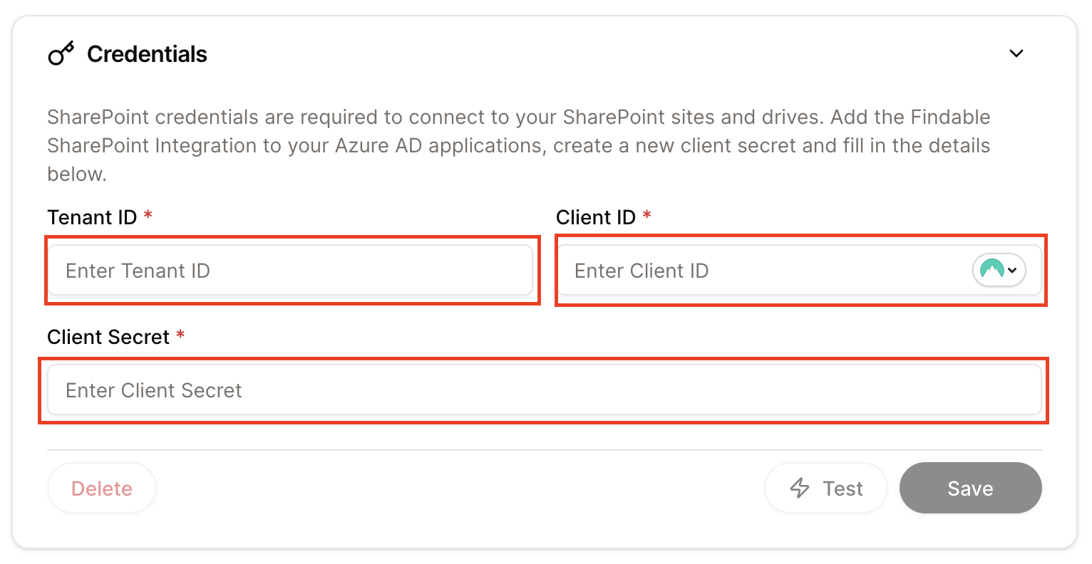 Entering SharePoint credentials in Findable