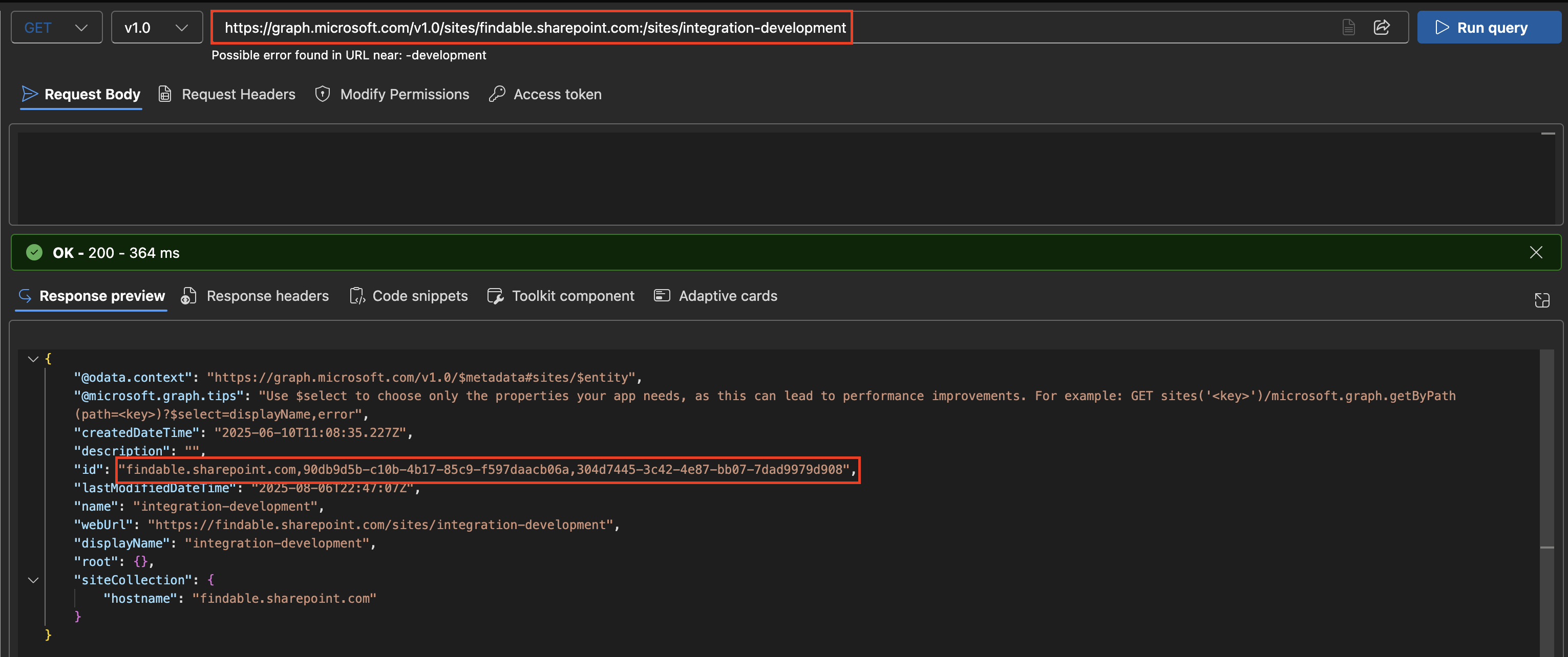 Finding the site ID in Graph Explorer