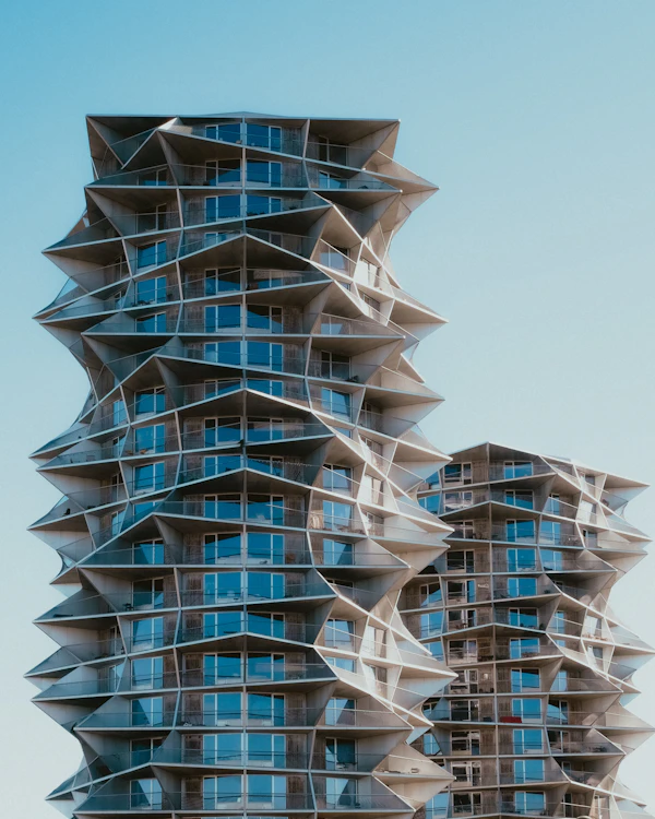 Modern residential towers with geometric facades in Copenhagen